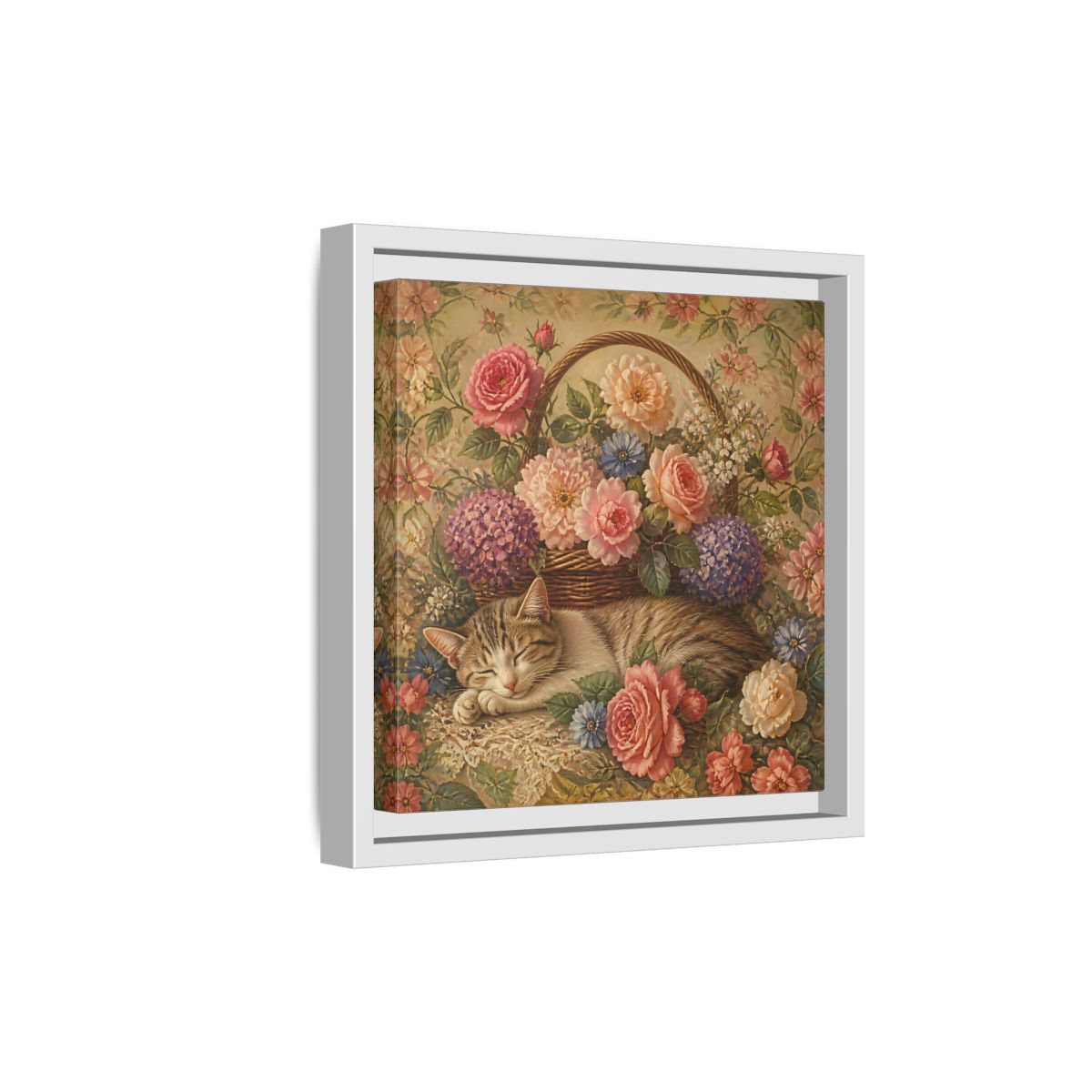 Side Mockup 19. Floral Sleeping Cat Pastel Floral Cat shown as stretched canvas wall art