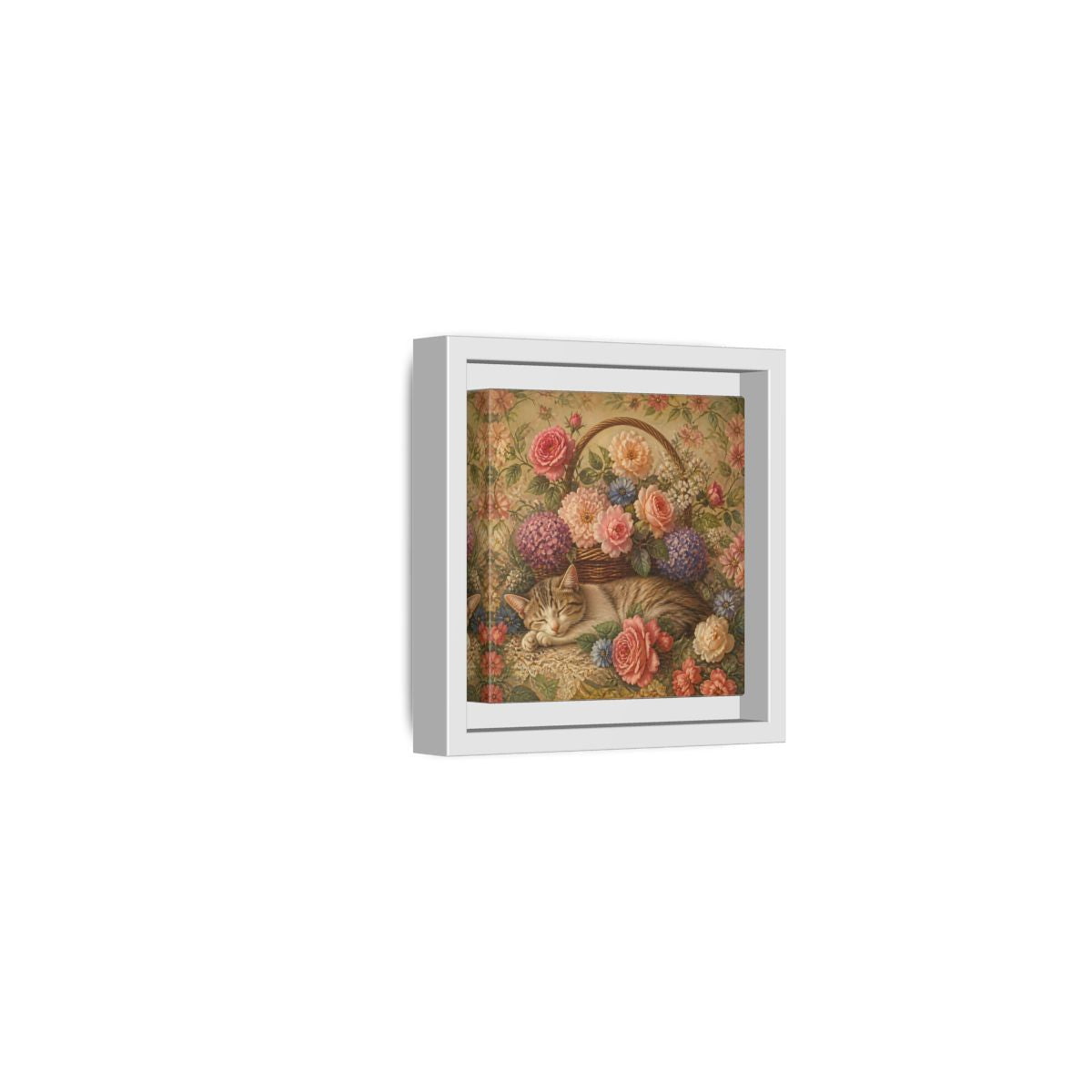 Side Mockup 22. Floral Sleeping Cat Pastel Floral Cat shown as stretched canvas wall art