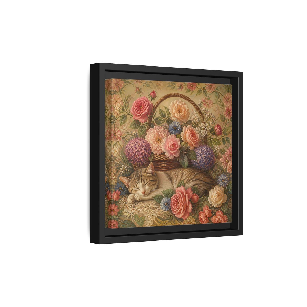 Side Mockup 21. Floral Sleeping Cat Pastel Floral Cat shown as stretched canvas wall art