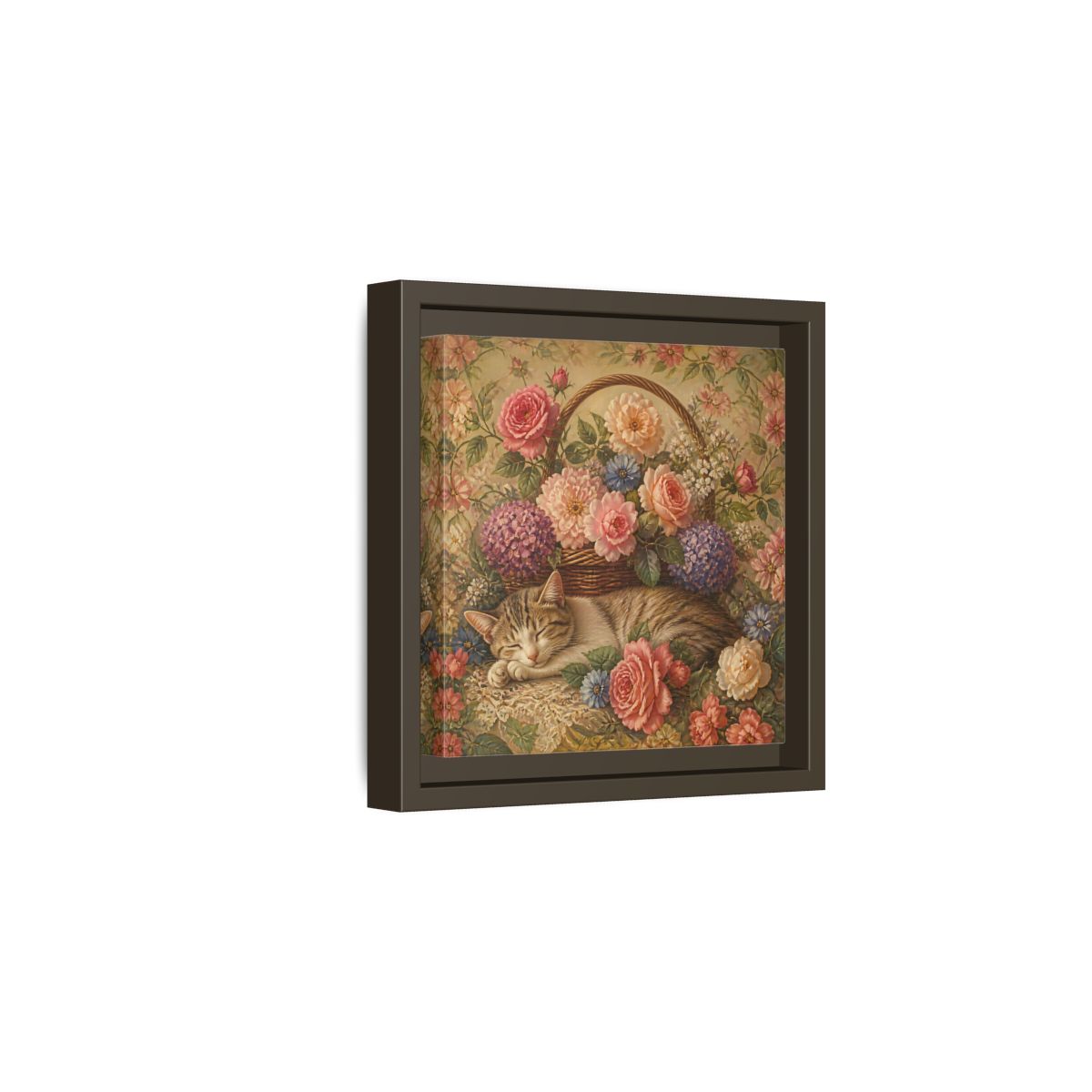 Side Mockup 2. Floral Sleeping Cat Pastel Floral Cat shown as stretched canvas wall art