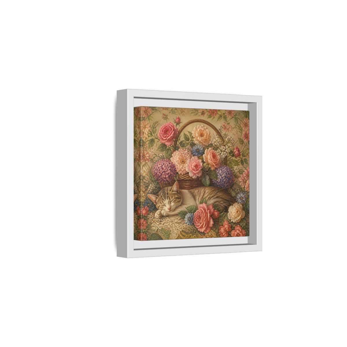 Side Mockup 1. Floral Sleeping Cat Pastel Floral Cat shown as stretched canvas wall art