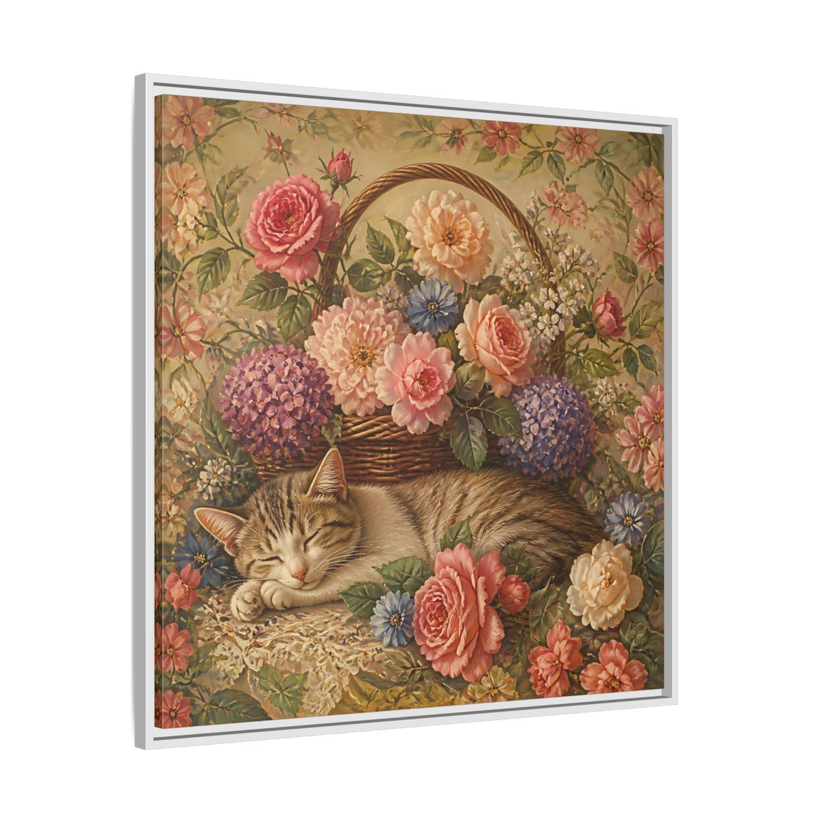 Side Mockup 25. Floral Sleeping Cat Pastel Floral Cat shown as stretched canvas wall art