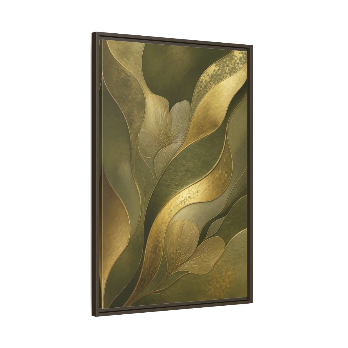 Main Mockup. Floral Stylized Flowers Green And Gold shown as stretched canvas wall art