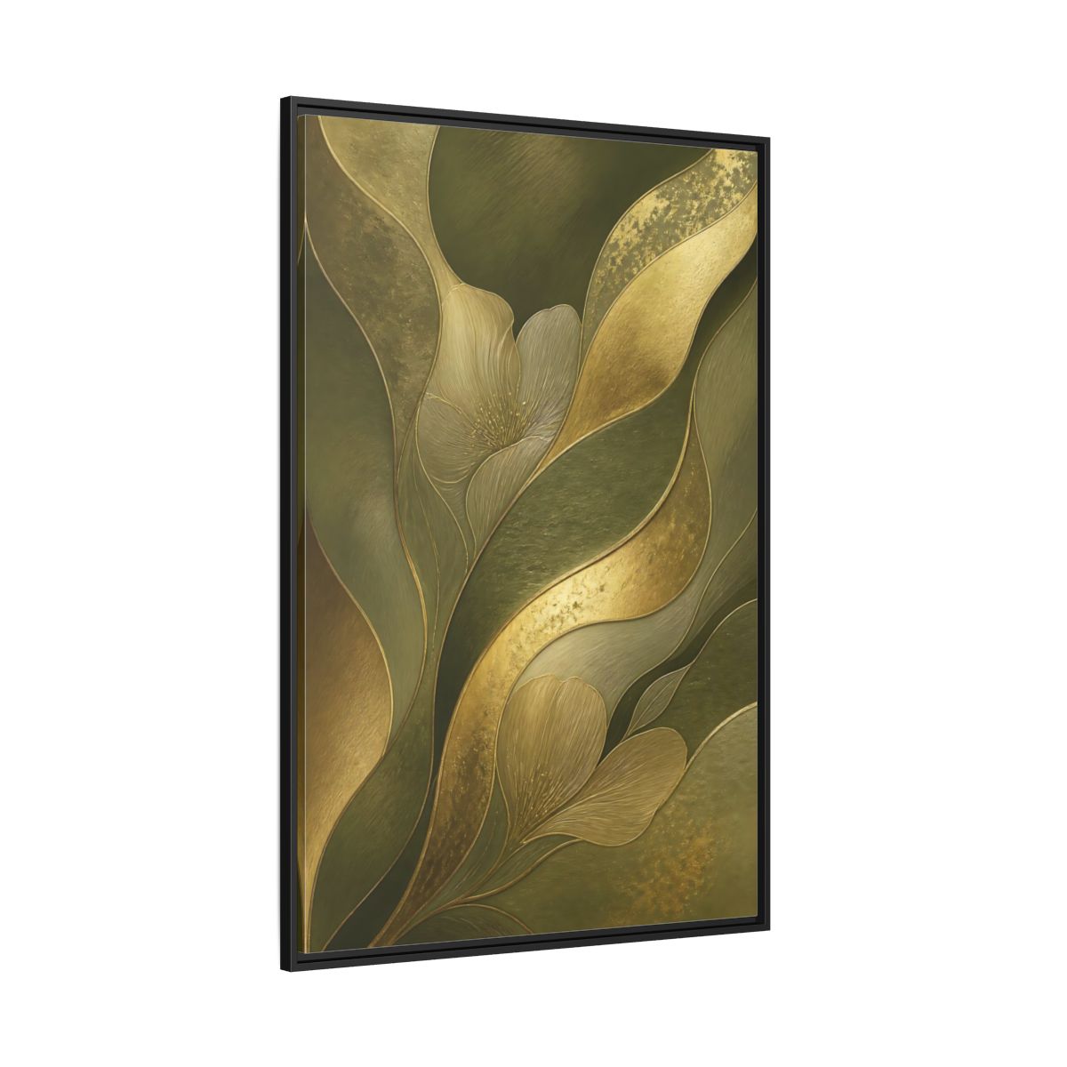 Side Mockup 12. Floral Stylized Flowers Green And Gold shown as stretched canvas wall art