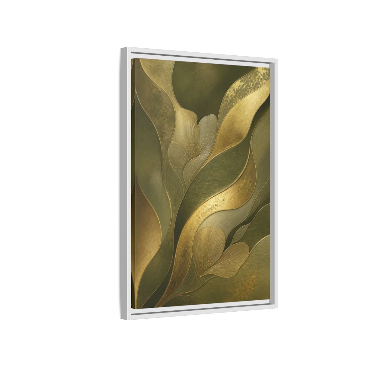 Side Mockup 1. Floral Stylized Flowers Green And Gold shown as stretched canvas wall art