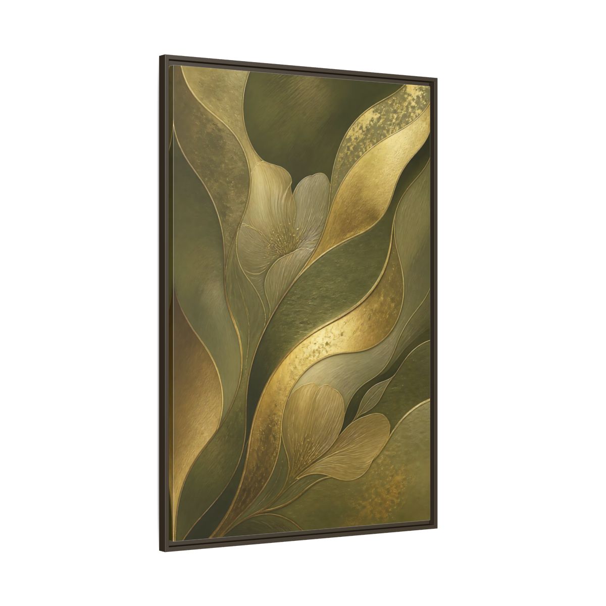 Side Mockup 8. Floral Stylized Flowers Green And Gold shown as stretched canvas wall art