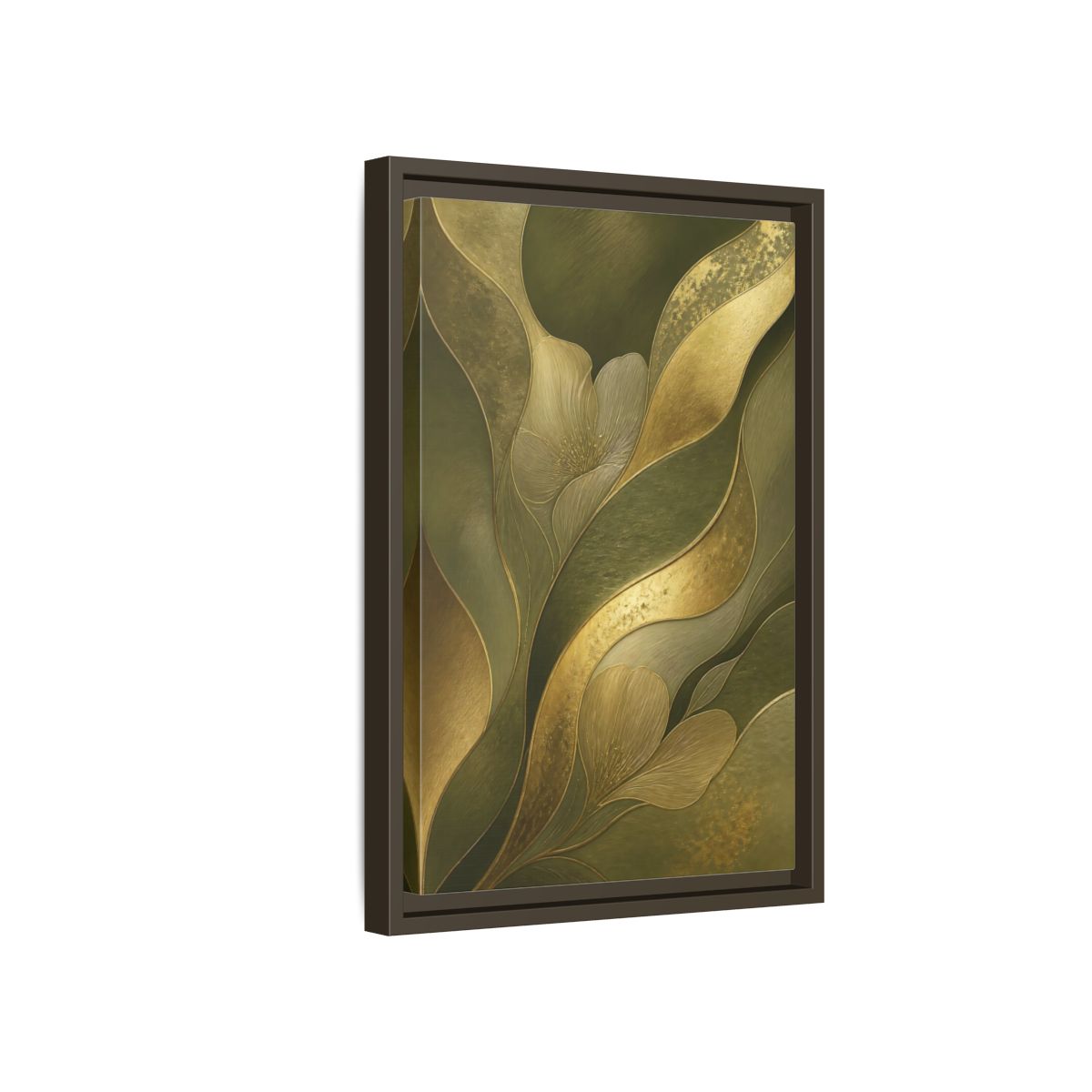 Side Mockup 5. Floral Stylized Flowers Green And Gold shown as stretched canvas wall art