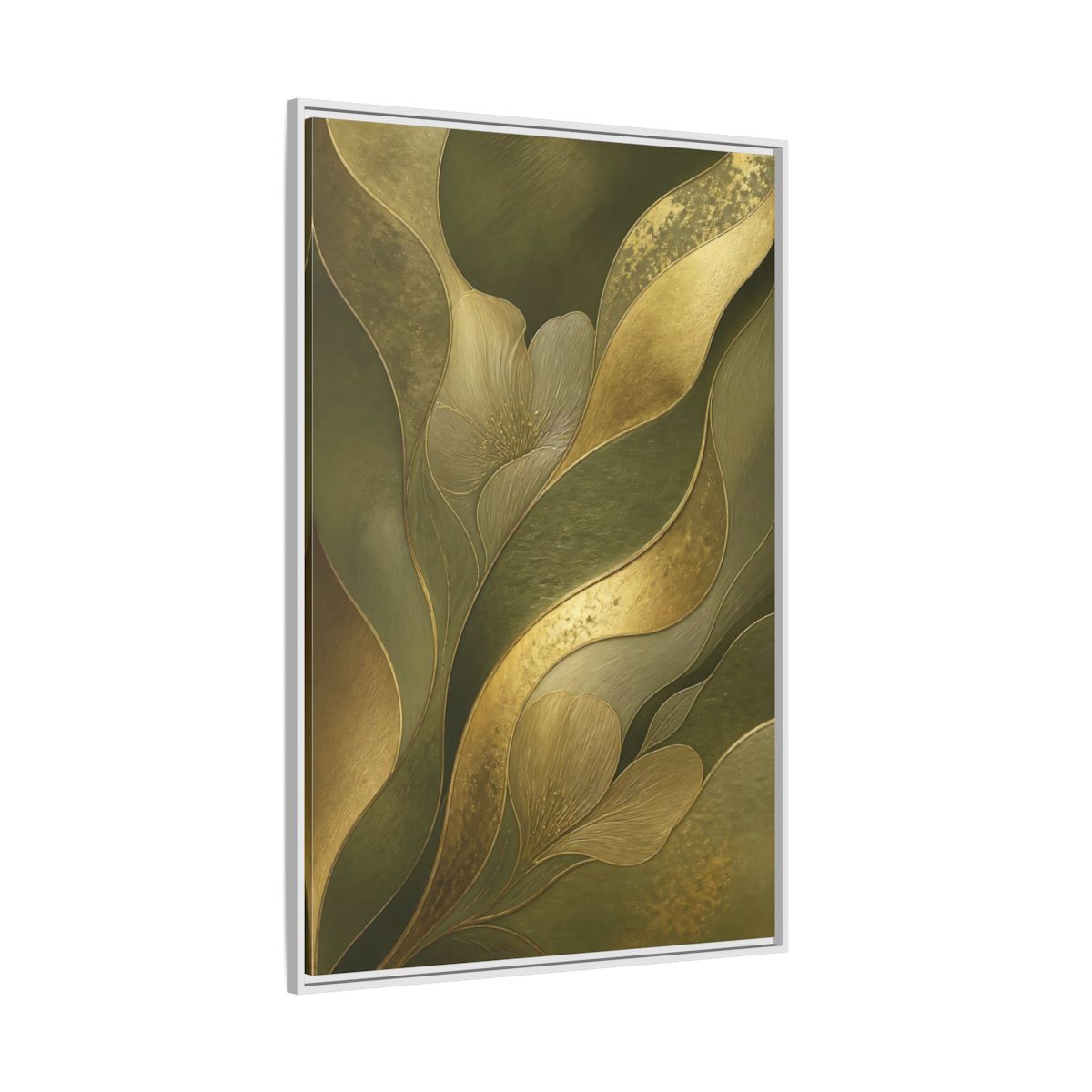 Side Mockup 7. Floral Stylized Flowers Green And Gold shown as stretched canvas wall art