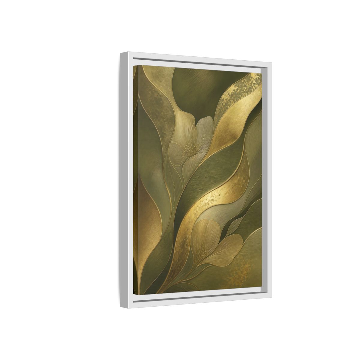 Side Mockup 4. Floral Stylized Flowers Green And Gold shown as stretched canvas wall art