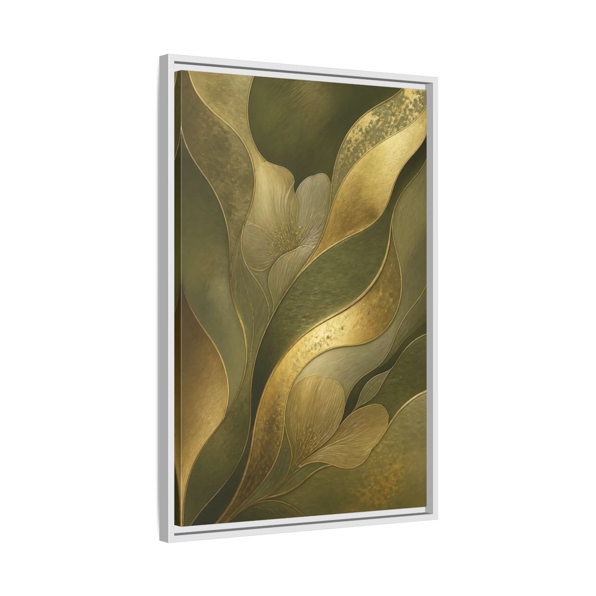 Side Mockup 10. Floral Stylized Flowers Green And Gold shown as stretched canvas wall art