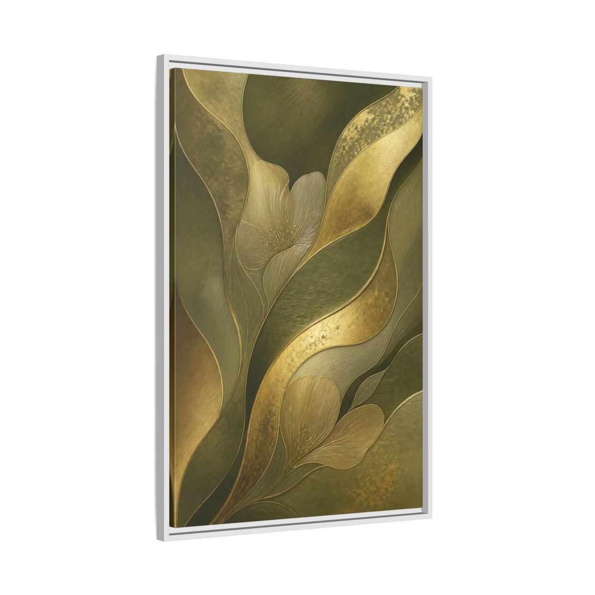 Side Mockup 9. Floral Stylized Flowers Green And Gold shown as stretched canvas wall art