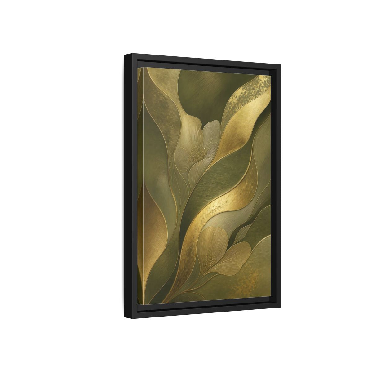 Side Mockup 6. Floral Stylized Flowers Green And Gold shown as stretched canvas wall art