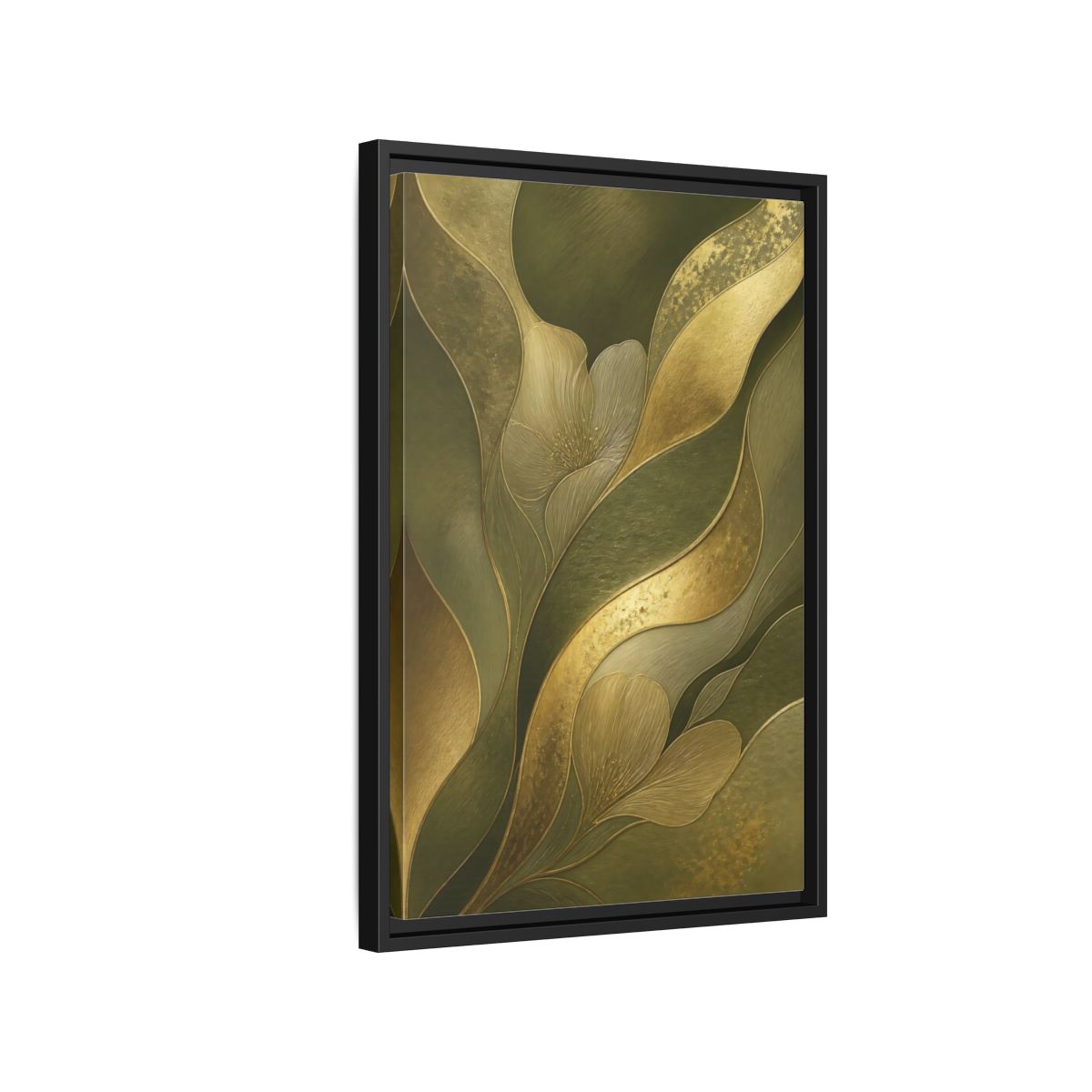 Side Mockup 3. Floral Stylized Flowers Green And Gold shown as stretched canvas wall art