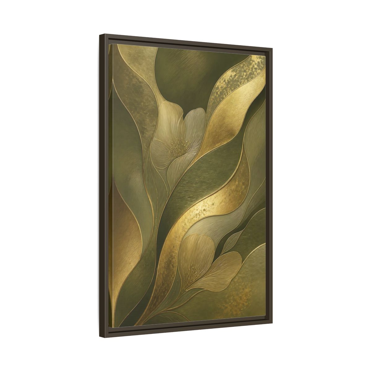 Side Mockup 11. Floral Stylized Flowers Green And Gold shown as stretched canvas wall art