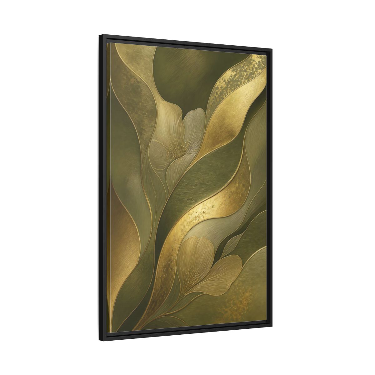 Side Mockup 13. Floral Stylized Flowers Green And Gold shown as stretched canvas wall art