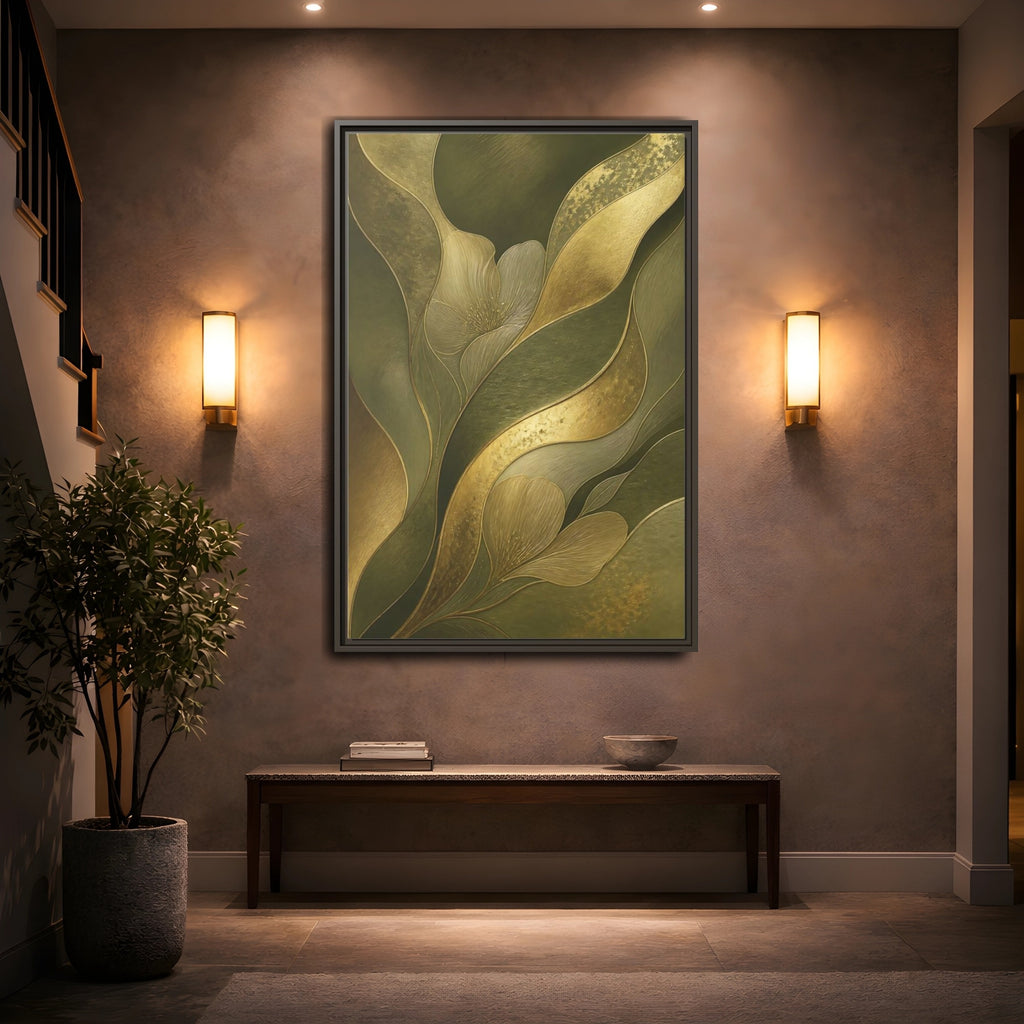 Mockup 2. Floral Stylized Flowers Green And Gold shown as stretched canvas wall art