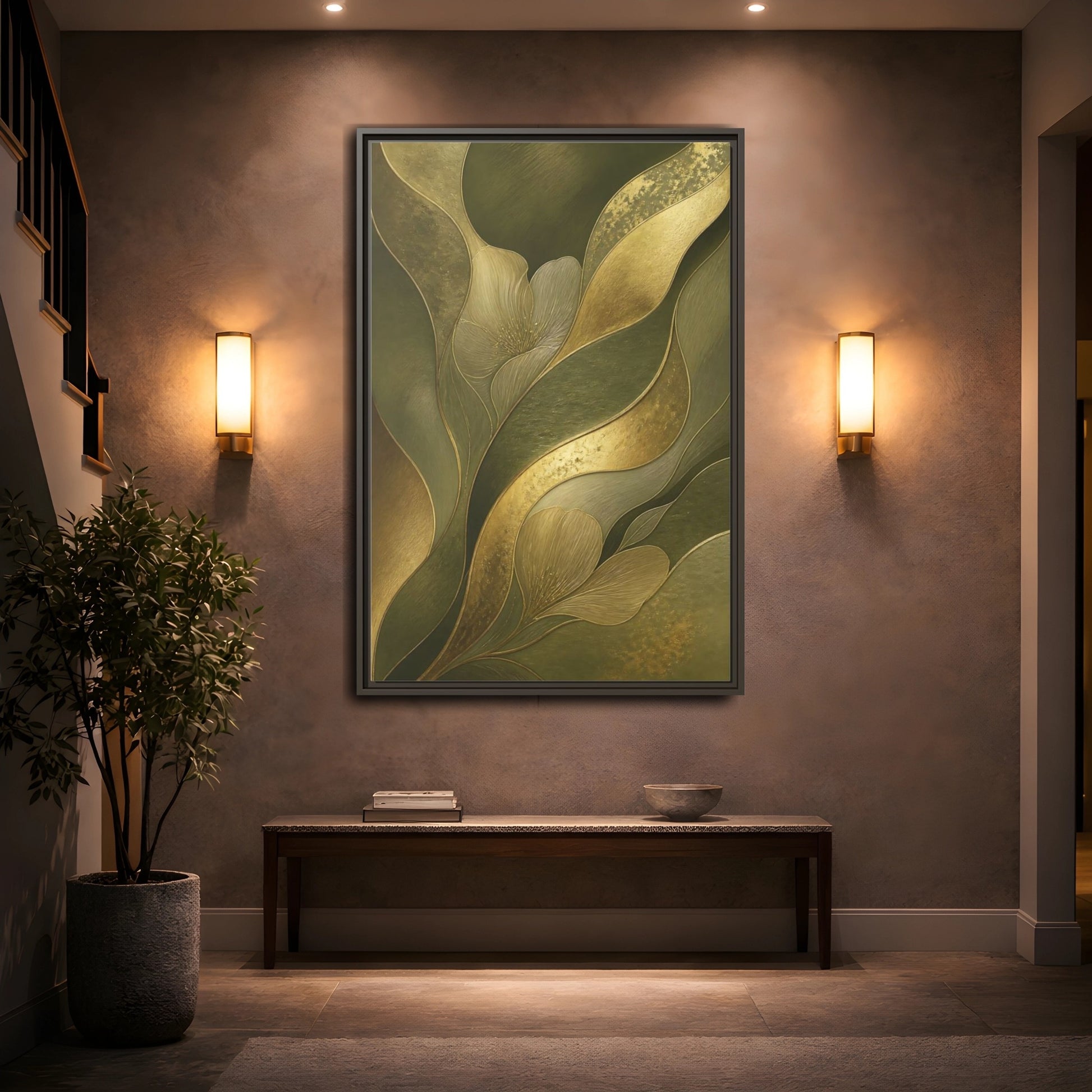 Mockup 2. Floral Stylized Flowers Green And Gold shown as stretched canvas wall art