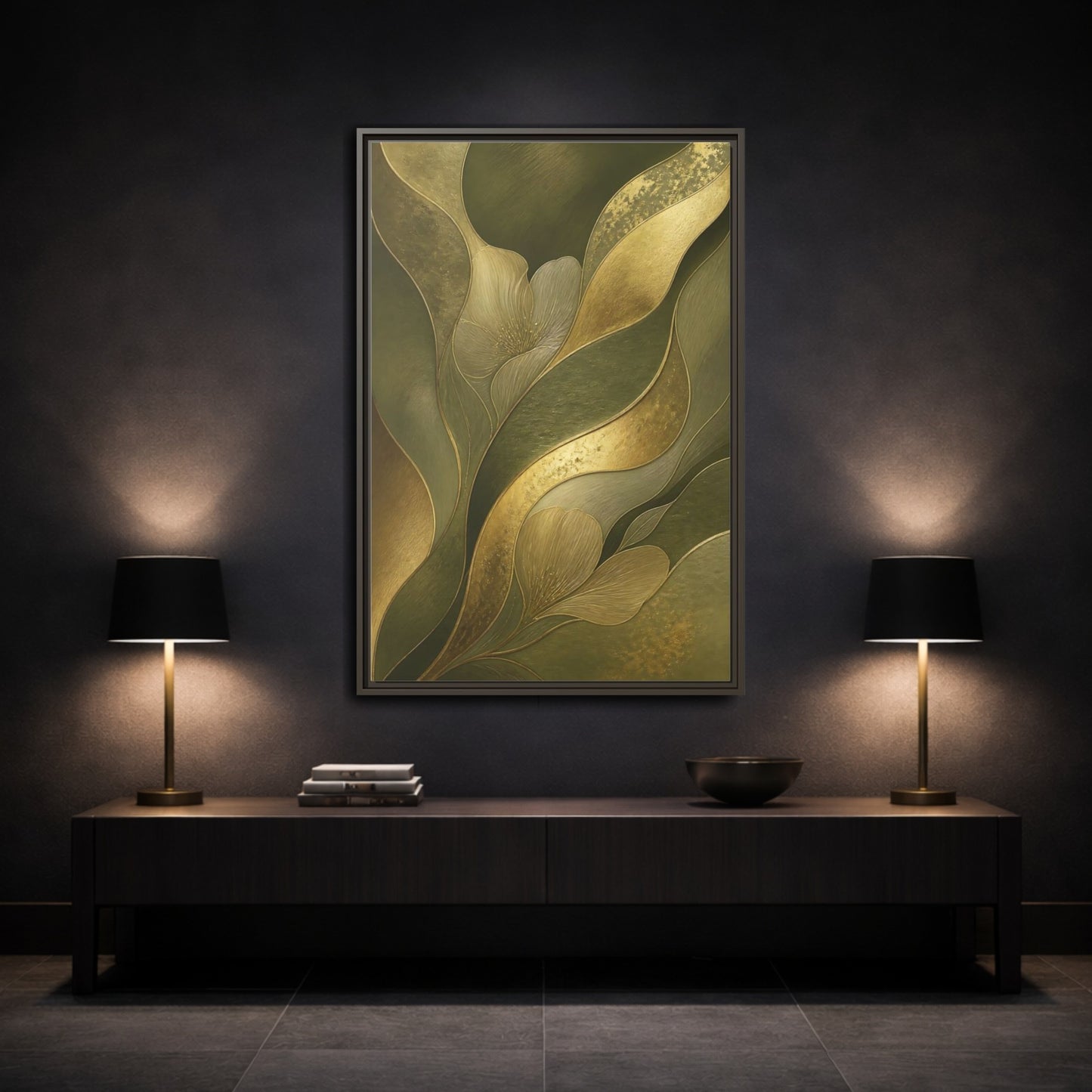 Mockup 3. Floral Stylized Flowers Green And Gold shown as stretched canvas wall art