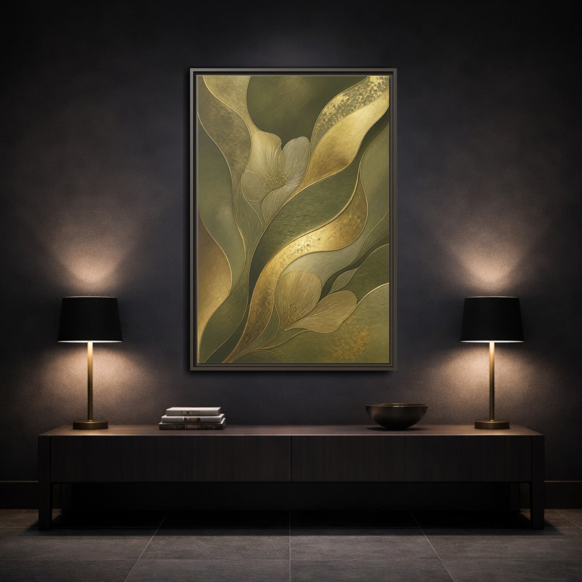 Mockup 3. Floral Stylized Flowers Green And Gold shown as stretched canvas wall art