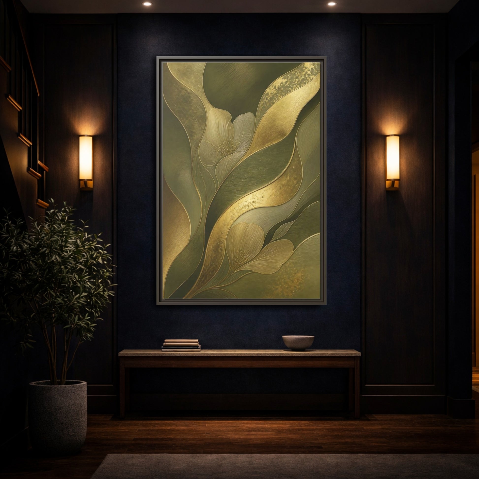 Mockup 4. Floral Stylized Flowers Green And Gold shown as stretched canvas wall art