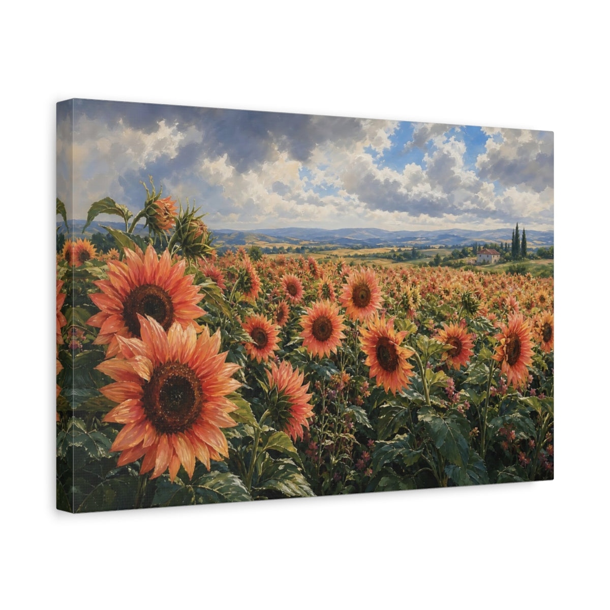Side Mockup 4. Floral Sunflower Field Orange Sunflowers shown as stretched canvas wall art