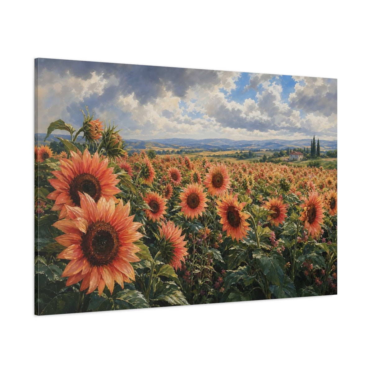 Side Mockup 1. Floral Sunflower Field Orange Sunflowers shown as stretched canvas wall art