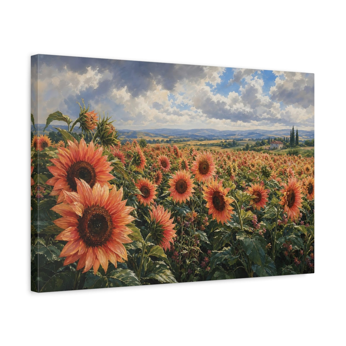 Side Mockup 3. Floral Sunflower Field Orange Sunflowers shown as stretched canvas wall art