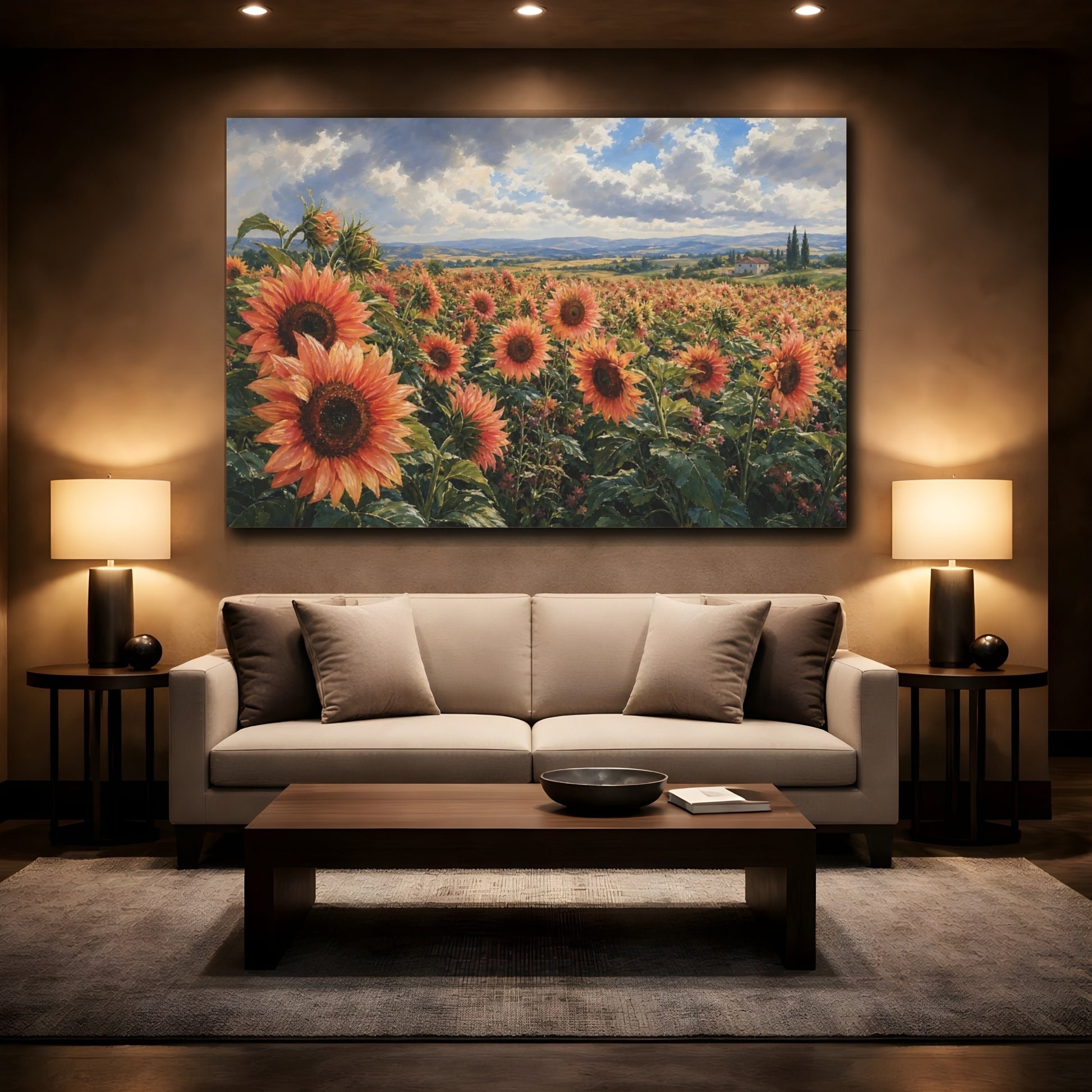 Mockup 2. Floral Sunflower Field Orange Sunflowers shown as stretched canvas wall art