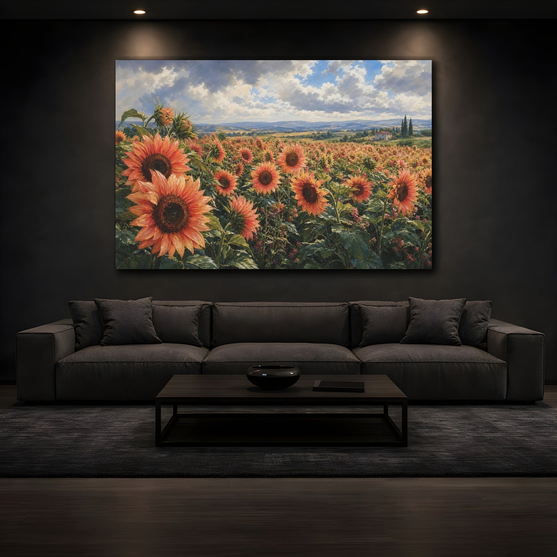 Mockup 3. Floral Sunflower Field Orange Sunflowers shown as stretched canvas wall art