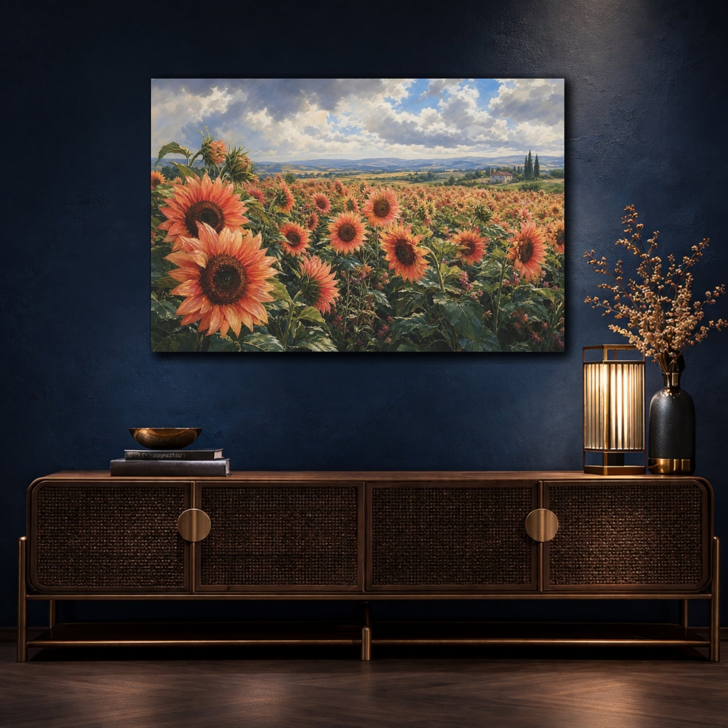 Mockup 4. Floral Sunflower Field Orange Sunflowers shown as stretched canvas wall art