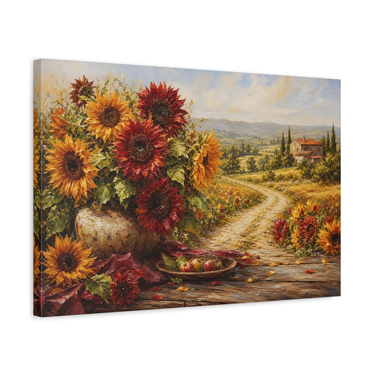 Side Mockup 3. Floral Sunflowers Autumn Sunflowers shown as stretched canvas wall art
