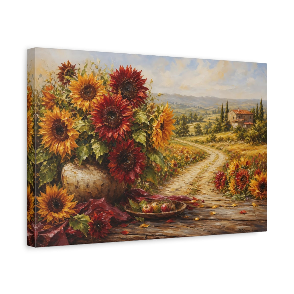 Side Mockup 4. Floral Sunflowers Autumn Sunflowers shown as stretched canvas wall art