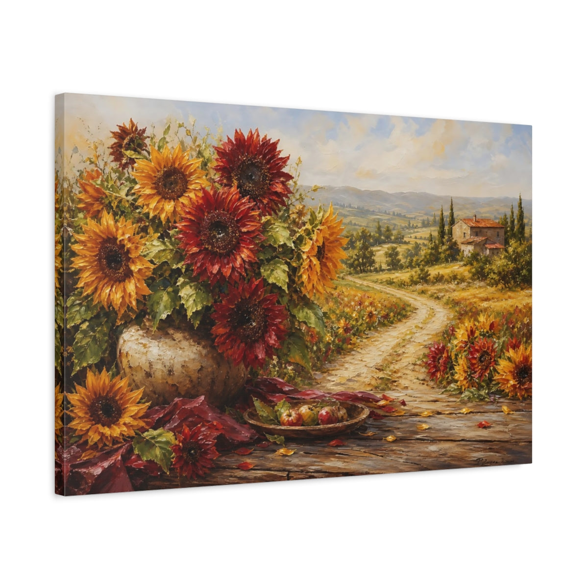 Side Mockup 2. Floral Sunflowers Autumn Sunflowers shown as stretched canvas wall art