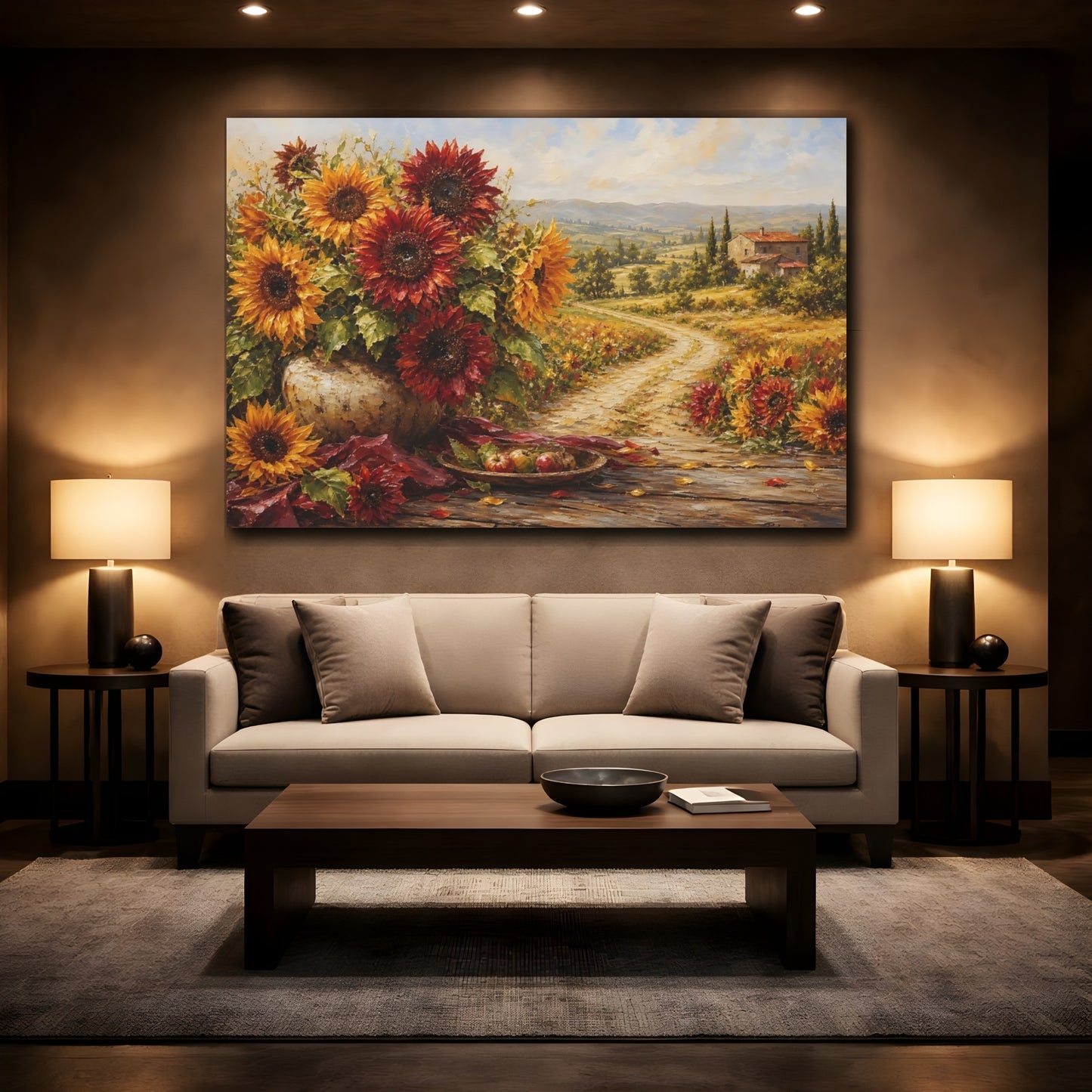 Mockup 2. Floral Sunflowers Autumn Sunflowers shown as stretched canvas wall art