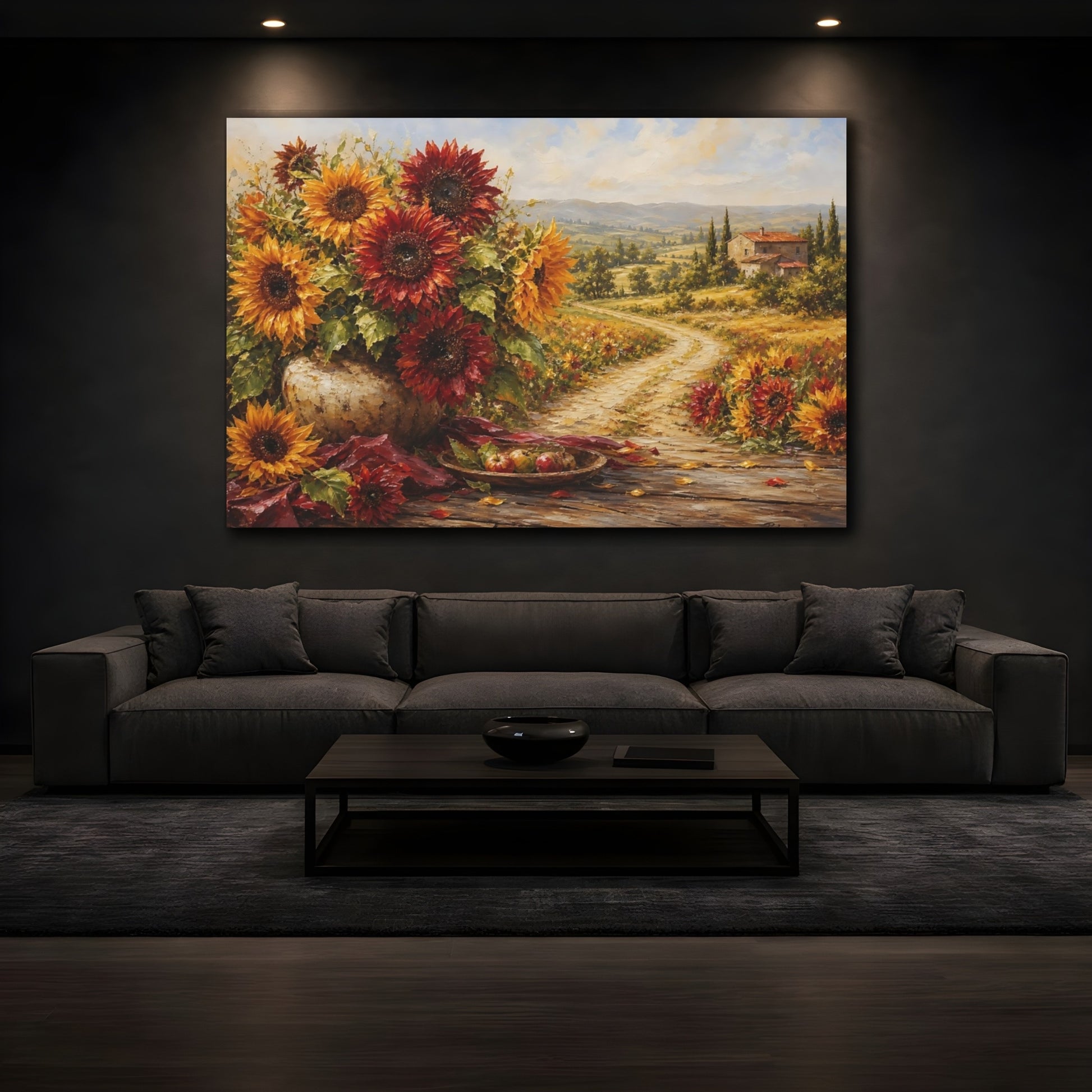 Mockup 3. Floral Sunflowers Autumn Sunflowers shown as stretched canvas wall art