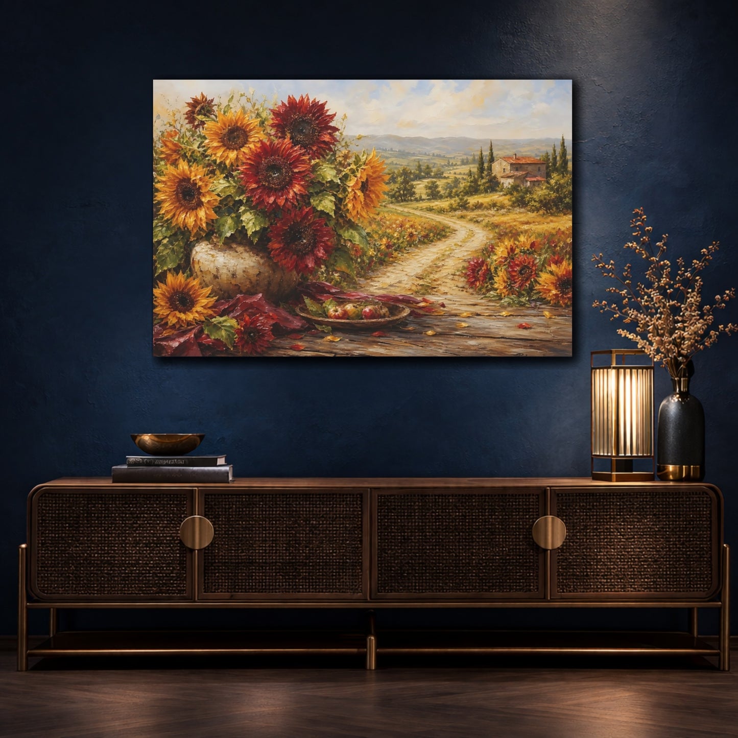 Mockup 4. Floral Sunflowers Autumn Sunflowers shown as stretched canvas wall art