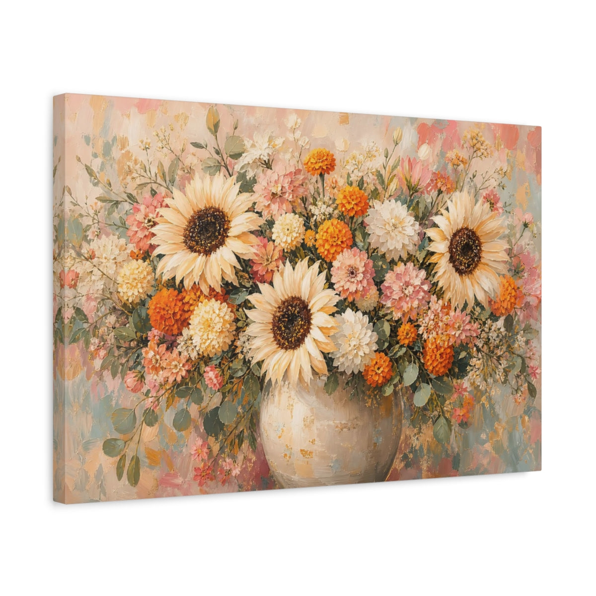 Side Mockup 3. Floral Sunflowers Dahlias Floral Bouquet shown as stretched canvas wall art