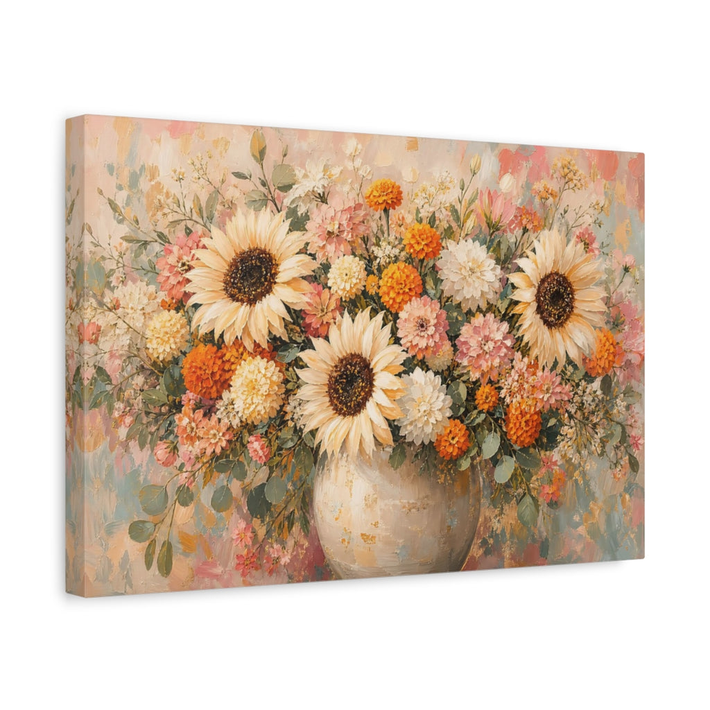 Side Mockup 4. Floral Sunflowers Dahlias Floral Bouquet shown as stretched canvas wall art