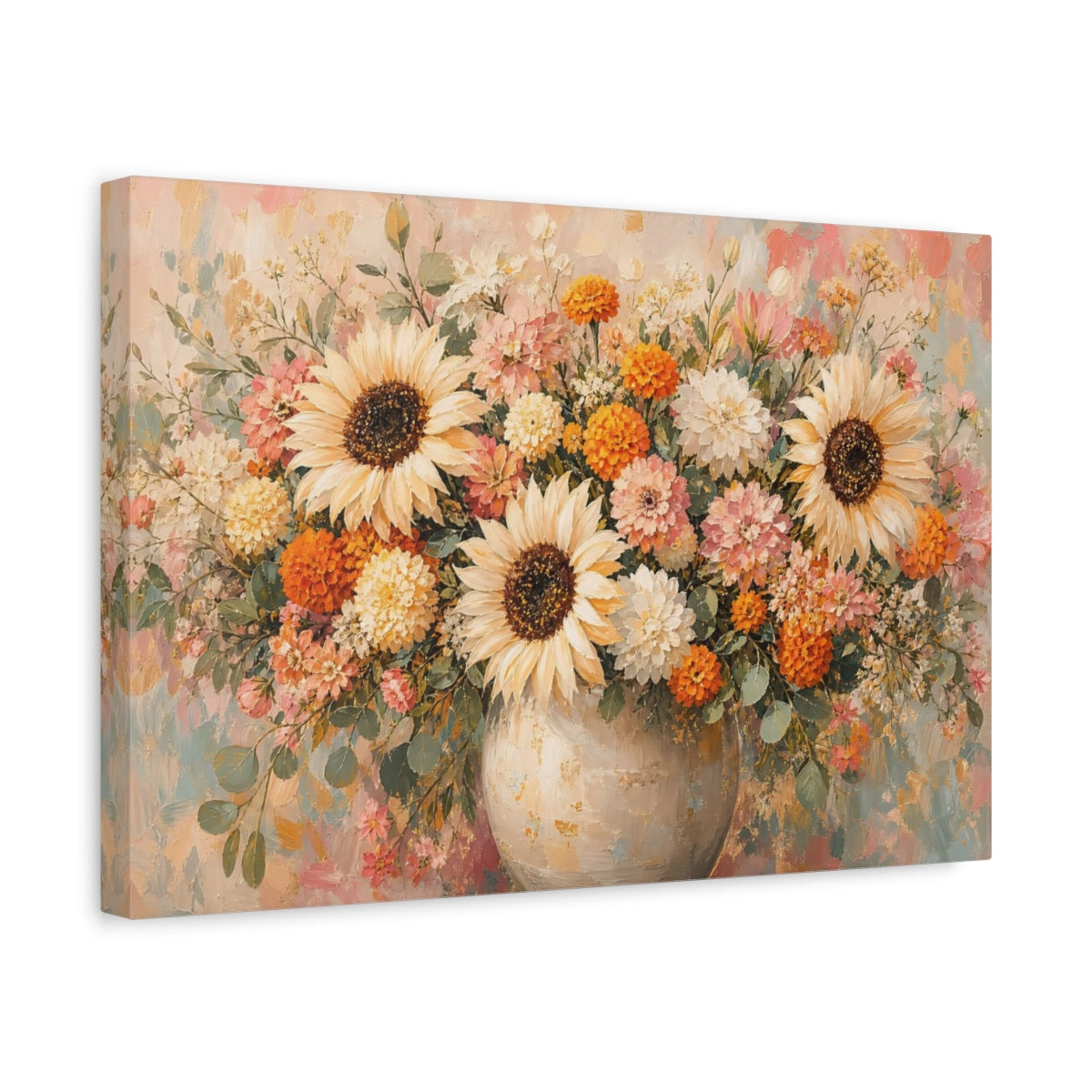 Side Mockup 4. Floral Sunflowers Dahlias Floral Bouquet shown as stretched canvas wall art