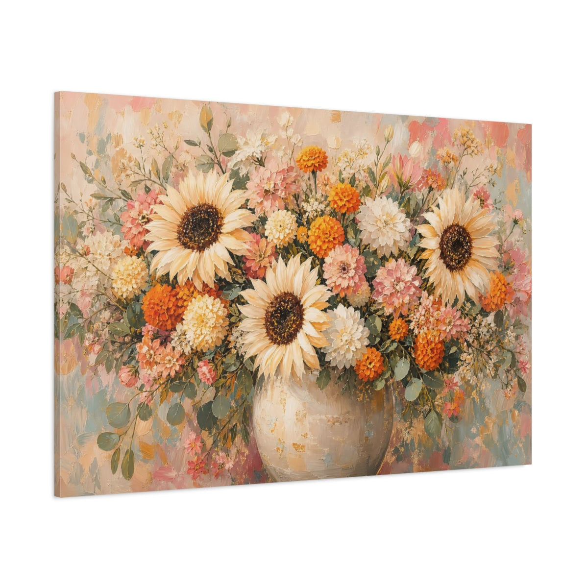 Side Mockup 1. Floral Sunflowers Dahlias Floral Bouquet shown as stretched canvas wall art