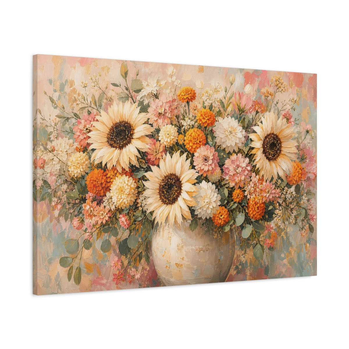 Main Mockup. Floral Sunflowers Dahlias Floral Bouquet shown as stretched canvas wall art