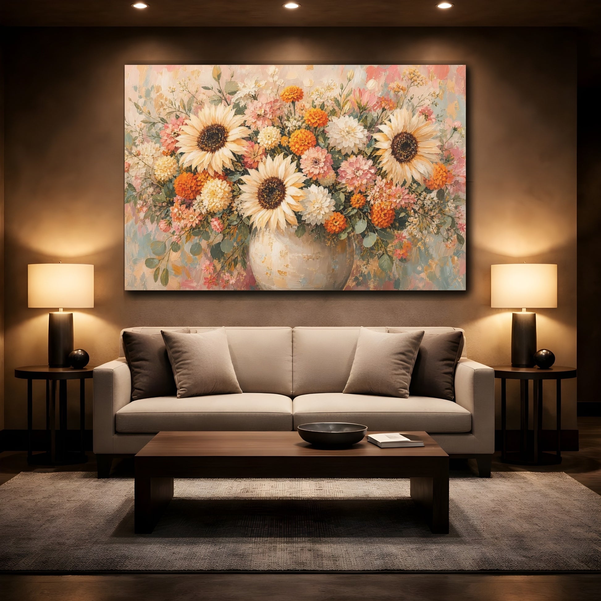 Mockup 2. Floral Sunflowers Dahlias Floral Bouquet shown as stretched canvas wall art