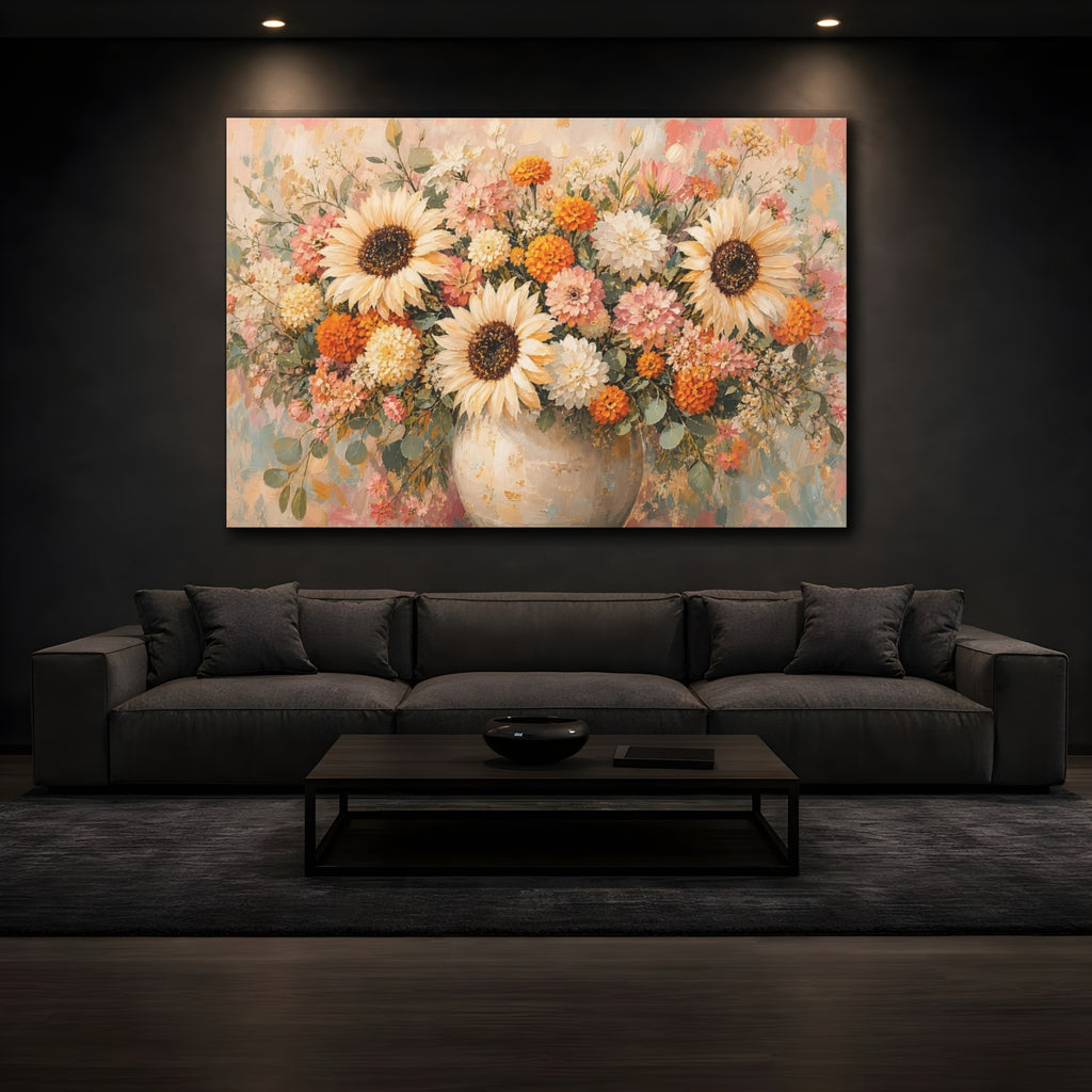 Mockup 3. Floral Sunflowers Dahlias Floral Bouquet shown as stretched canvas wall art