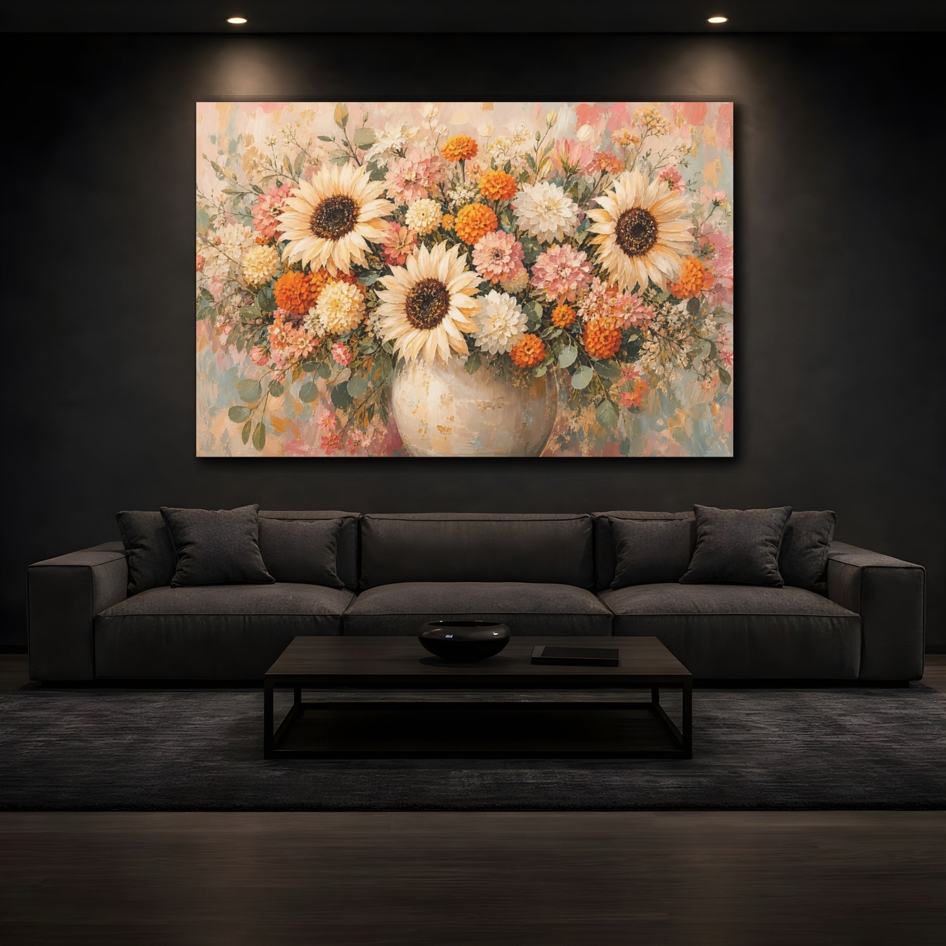 Mockup 3. Floral Sunflowers Dahlias Floral Bouquet shown as stretched canvas wall art