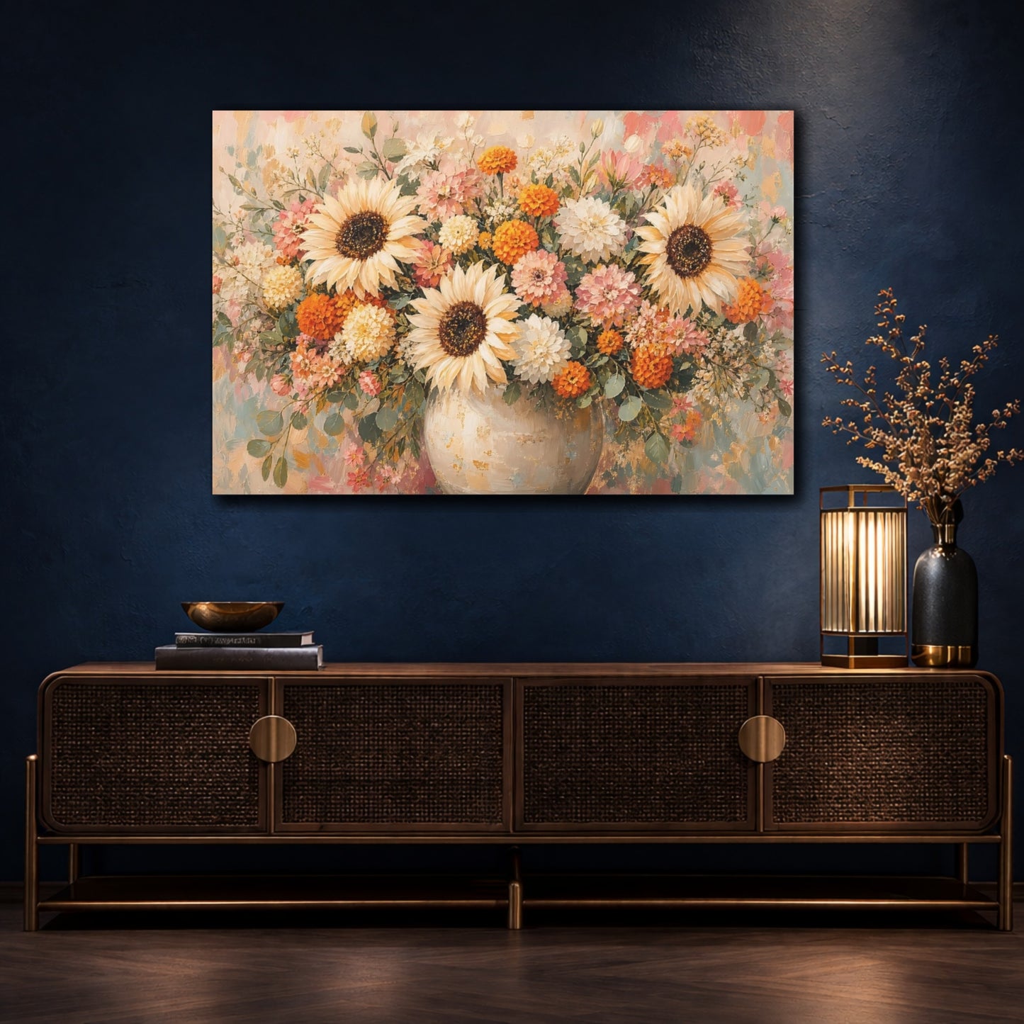Mockup 4. Floral Sunflowers Dahlias Floral Bouquet shown as stretched canvas wall art