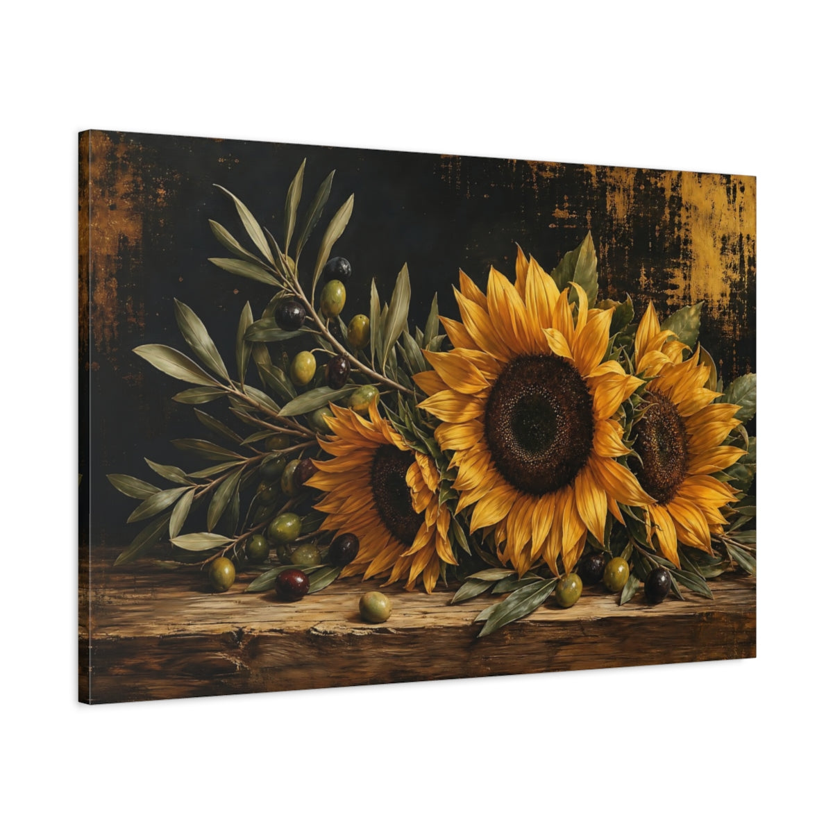 Main Mockup. Floral Sunflowers Dark Floral Still Life shown as stretched canvas wall art