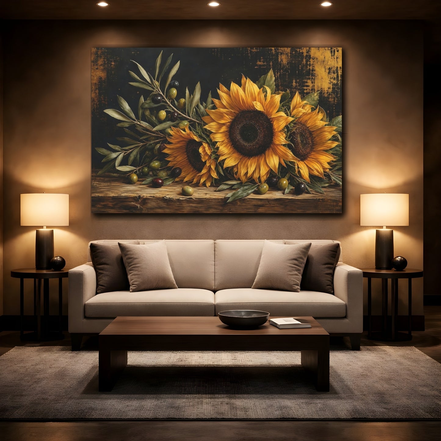 Mockup 2. Floral Sunflowers Dark Floral Still Life shown as stretched canvas wall art