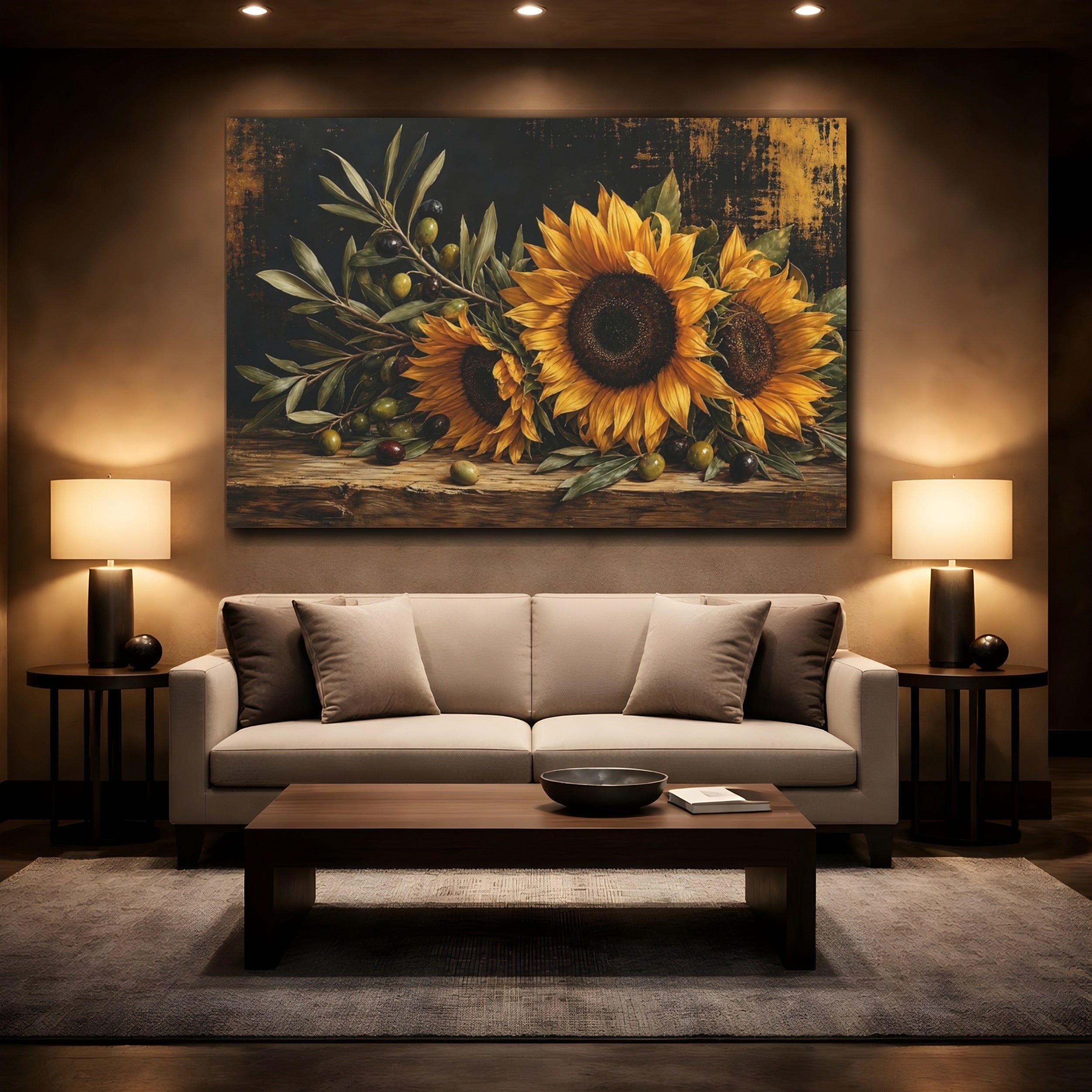 Mockup 2. Floral Sunflowers Dark Floral Still Life shown as stretched canvas wall art
