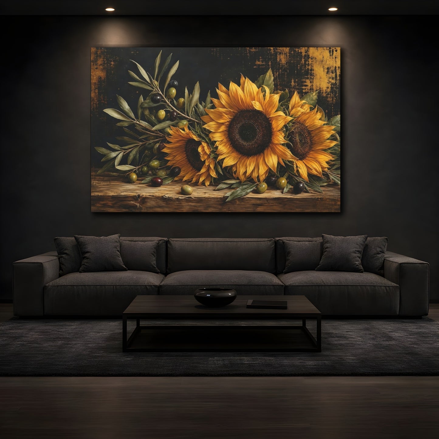 Mockup 3. Floral Sunflowers Dark Floral Still Life shown as stretched canvas wall art