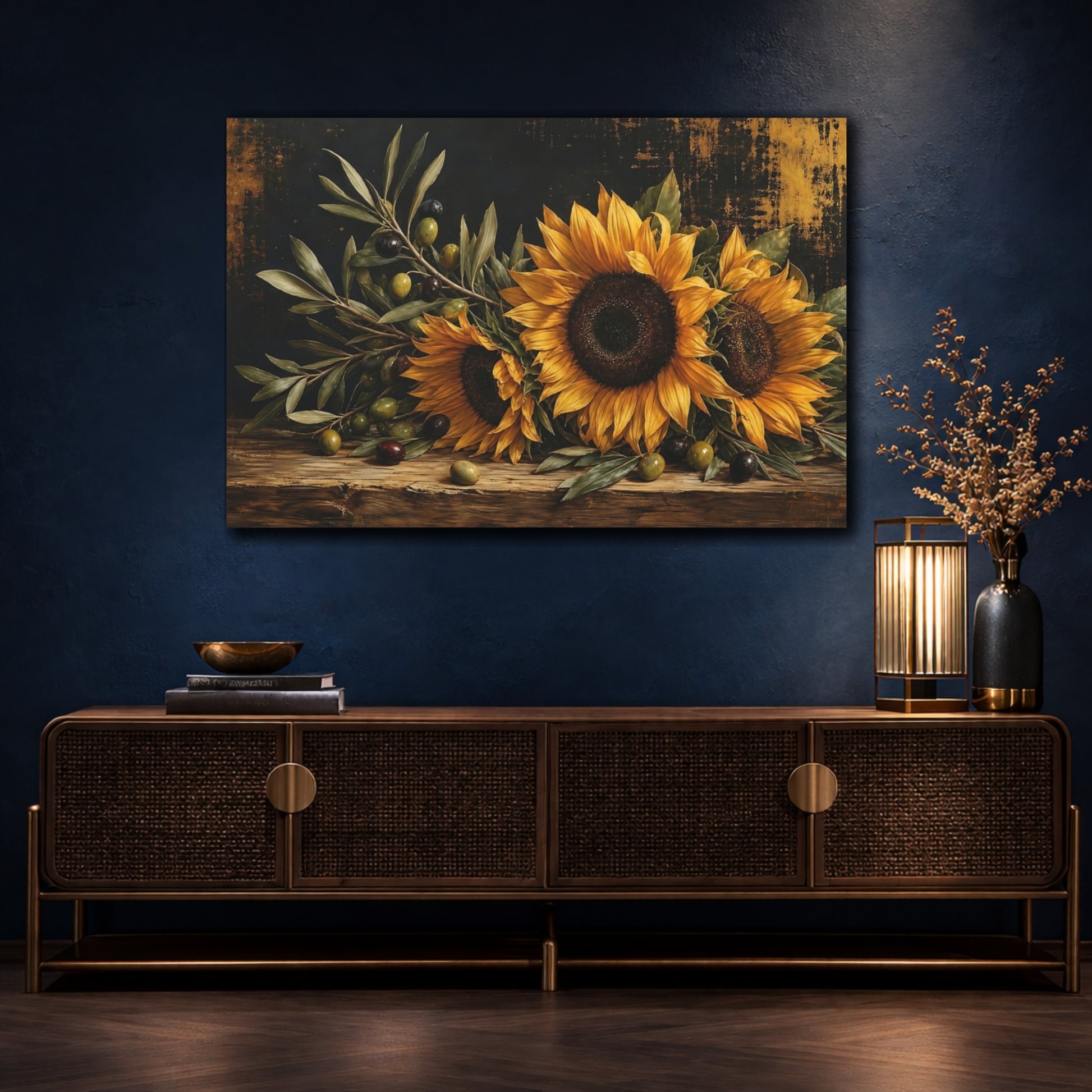 Mockup 4. Floral Sunflowers Dark Floral Still Life shown as stretched canvas wall art
